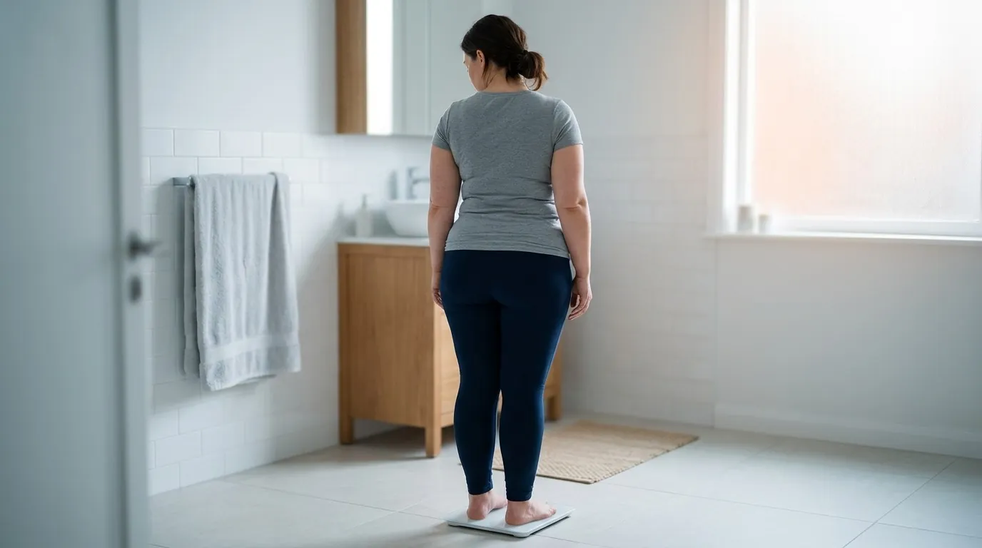 Frau steht im Badezimmer auf der Waage